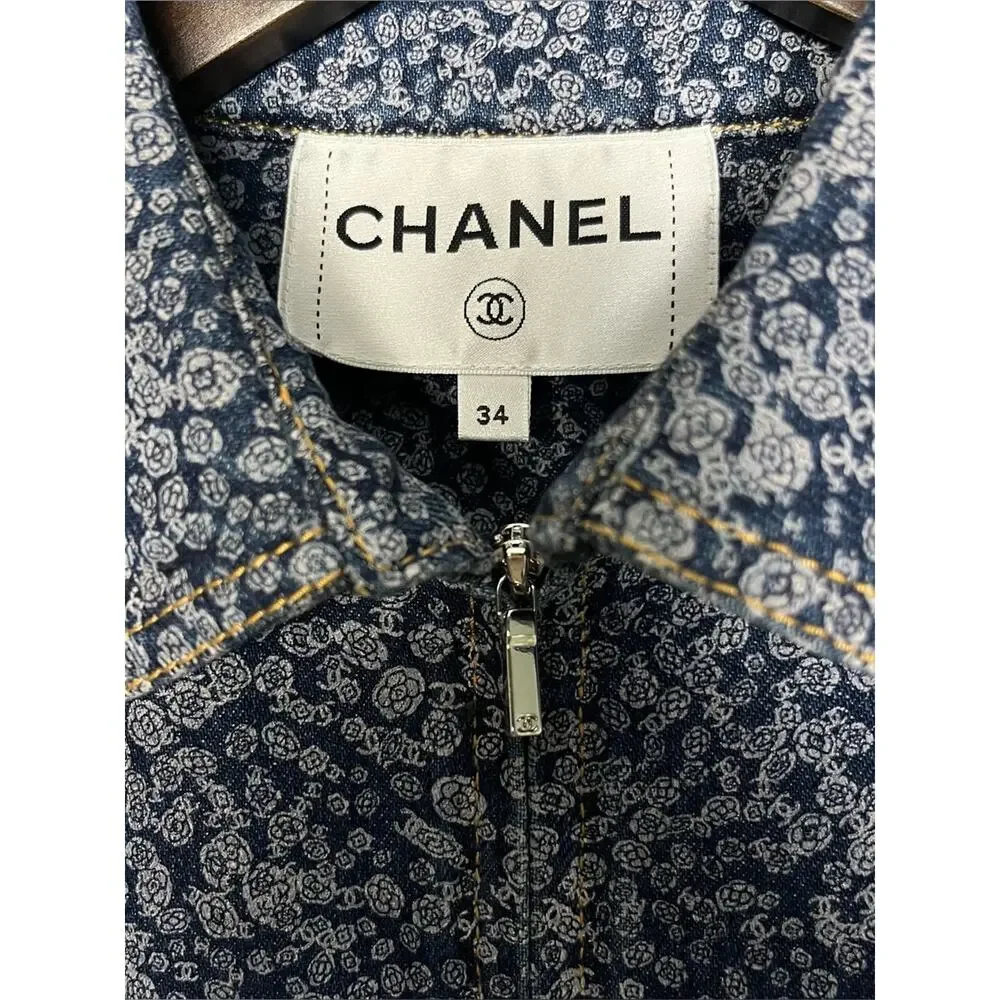 CHANEL Camellia CC Floral Denim Jean Jacket Oversized Bomber Size 34 Women’s 2